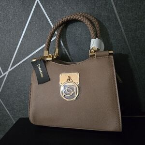 bebe Taupe Braided-Handle Satchel with Gold-Tone Accent